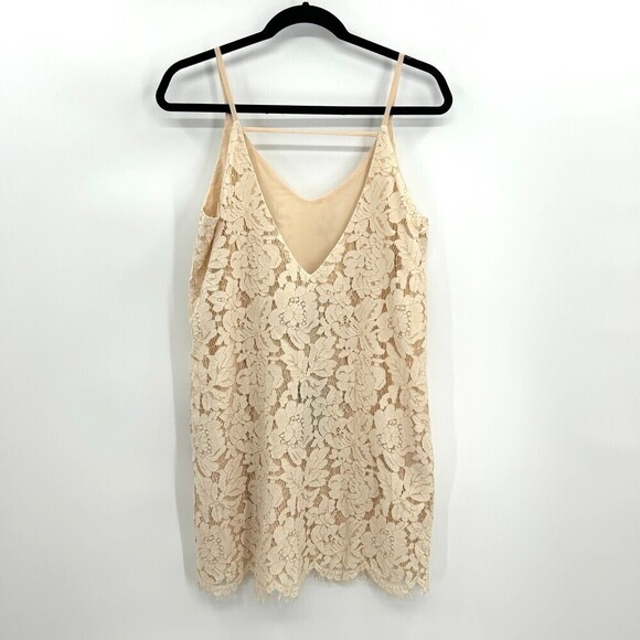 NWT CHASER Ivory Gold Metallic Strappy Lace V-Neck Shift Mini Dress Size Medium - Picture 2 of 10